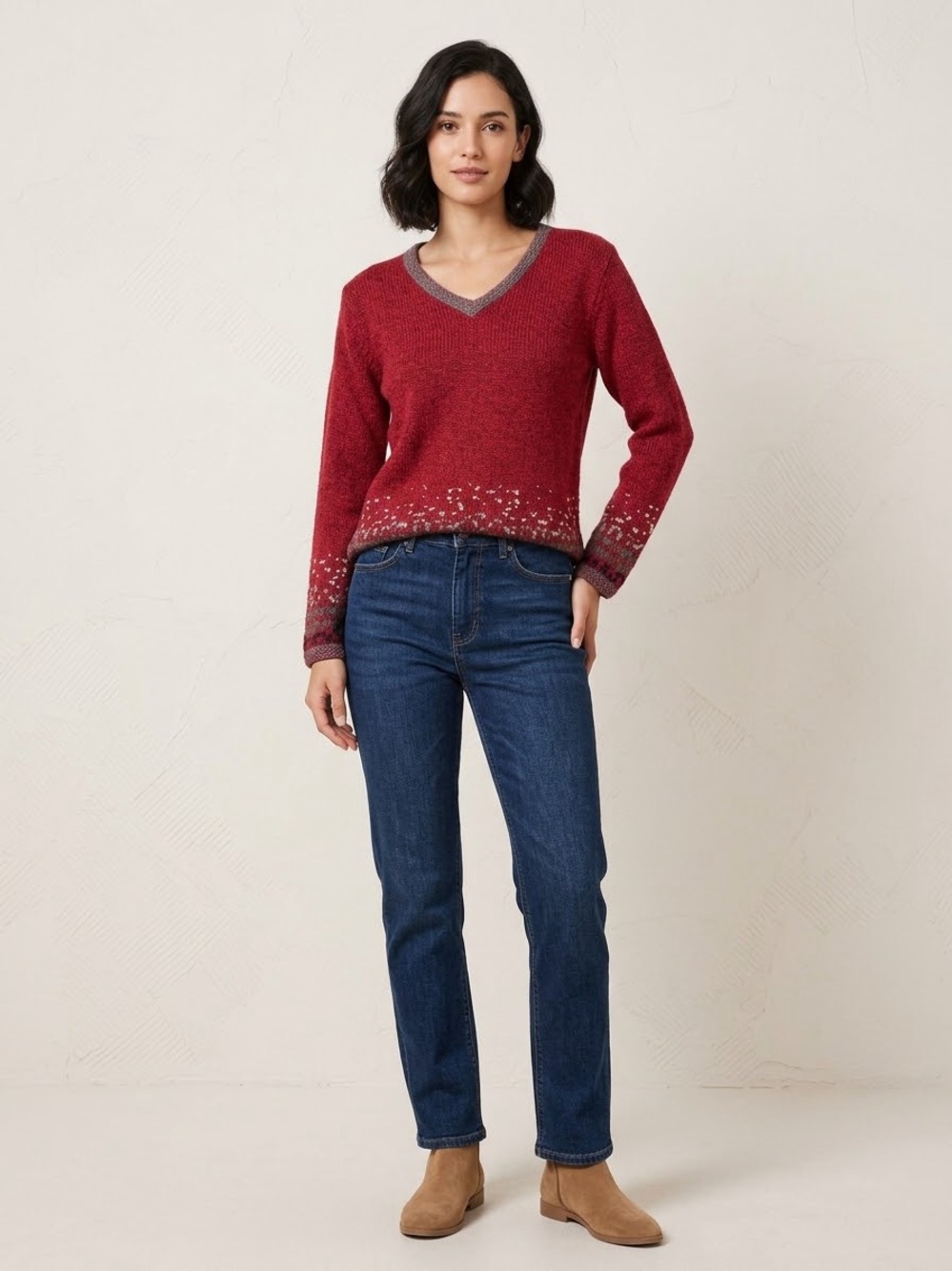 J. Jill Women's Red V-Neck Sweater with Ombre Speckle